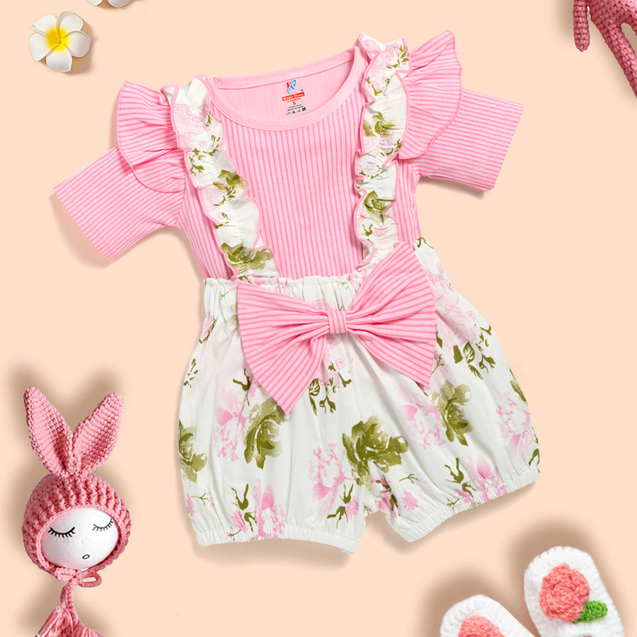 Baby Girl Solid Cotton Ribbed Ruffle Short-sleeve Romper and Floral Print Suspender Short Kinder Choice