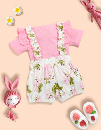 Baby Girl Solid Cotton Ribbed Ruffle Short-sleeve Romper and Floral Print Suspender Short Kinder Choice
