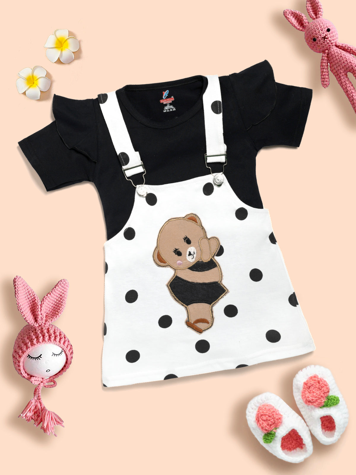 Baby Girl 100% Cotton Ruffle Trim Short-sleeve Romper and Bear Graphic Polka Dots Overall Dress Set  Kinder Choice