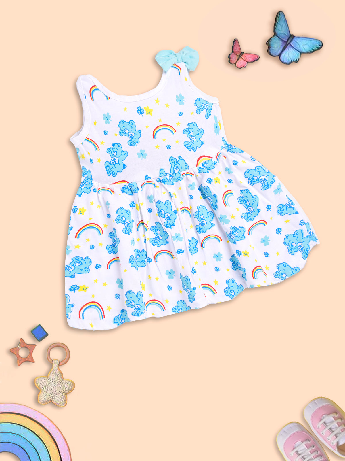 Rainbow Dreams: Blue Bear Print Dress for Kids