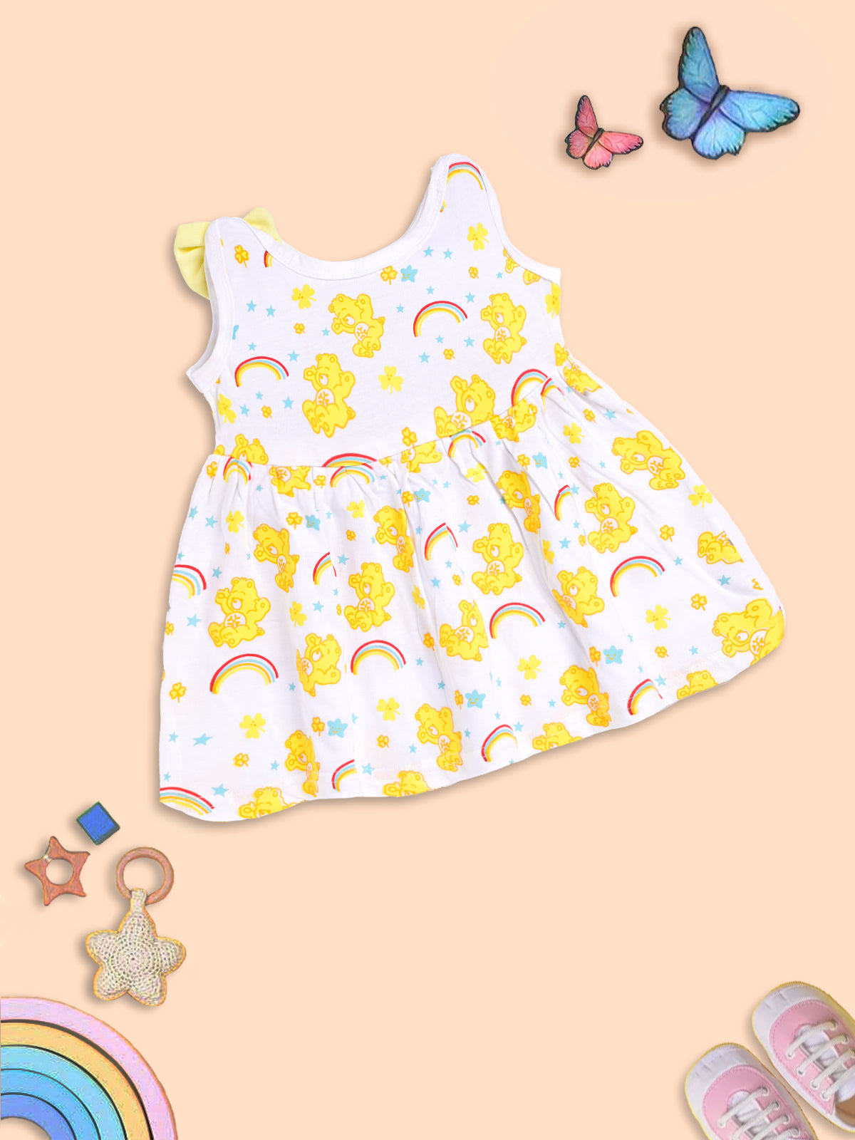 Rainbow Dreams: Yellow Bear Print Dress for Kids