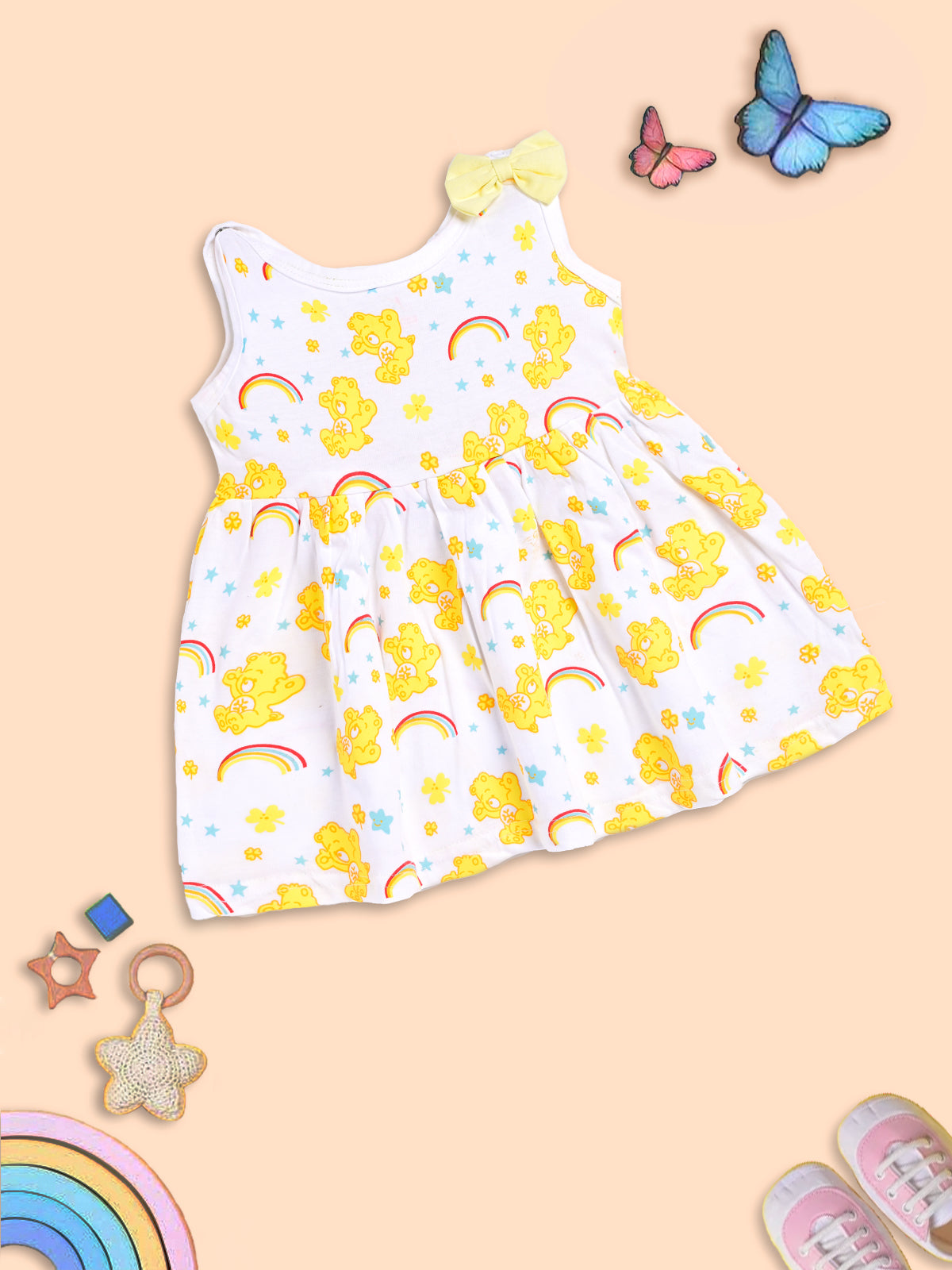Rainbow Dreams: Yellow Bear Print Dress for Kids