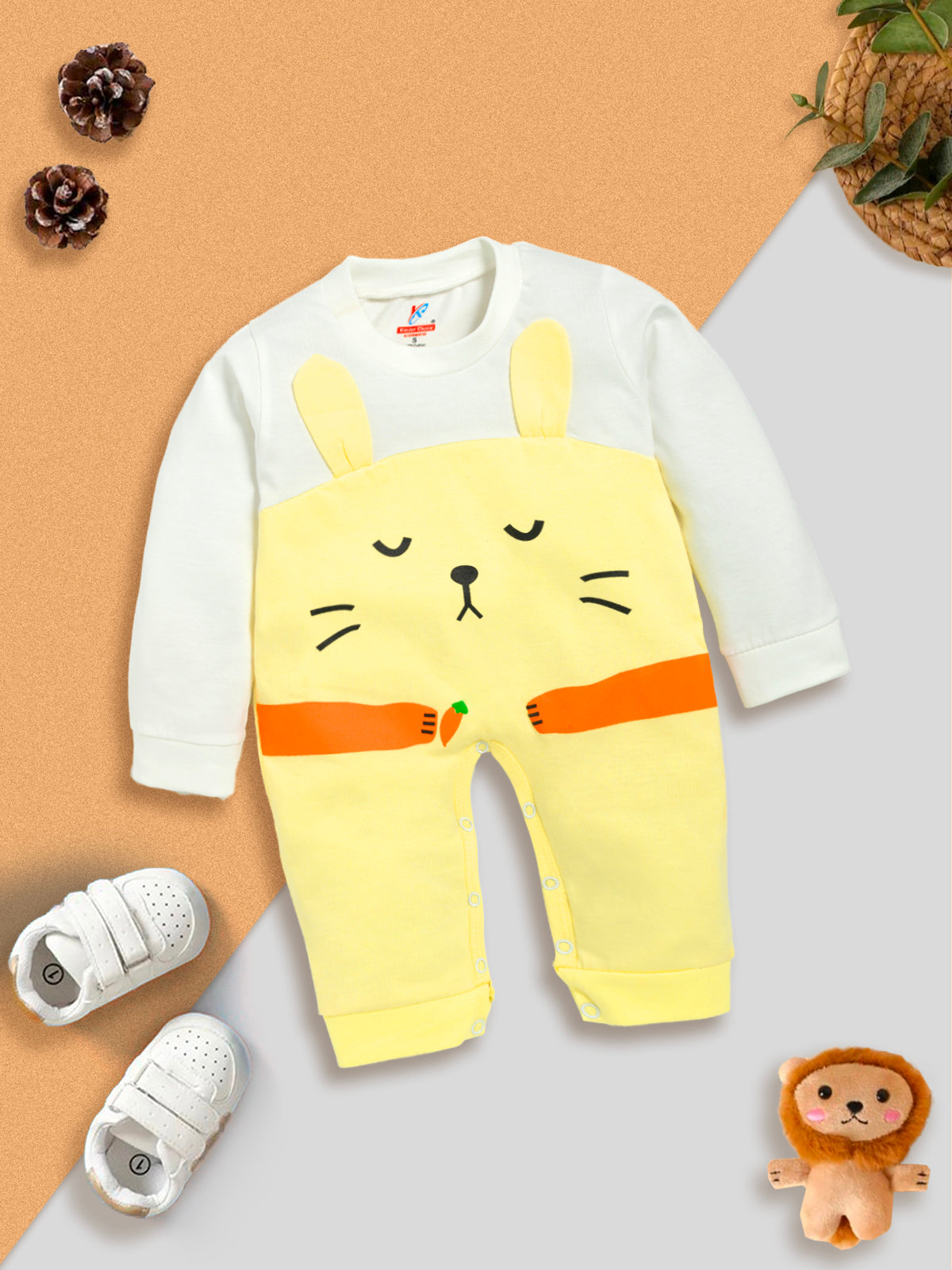 Unisex Peach Animal Print Full-Sleeve Romper Kinder Choice