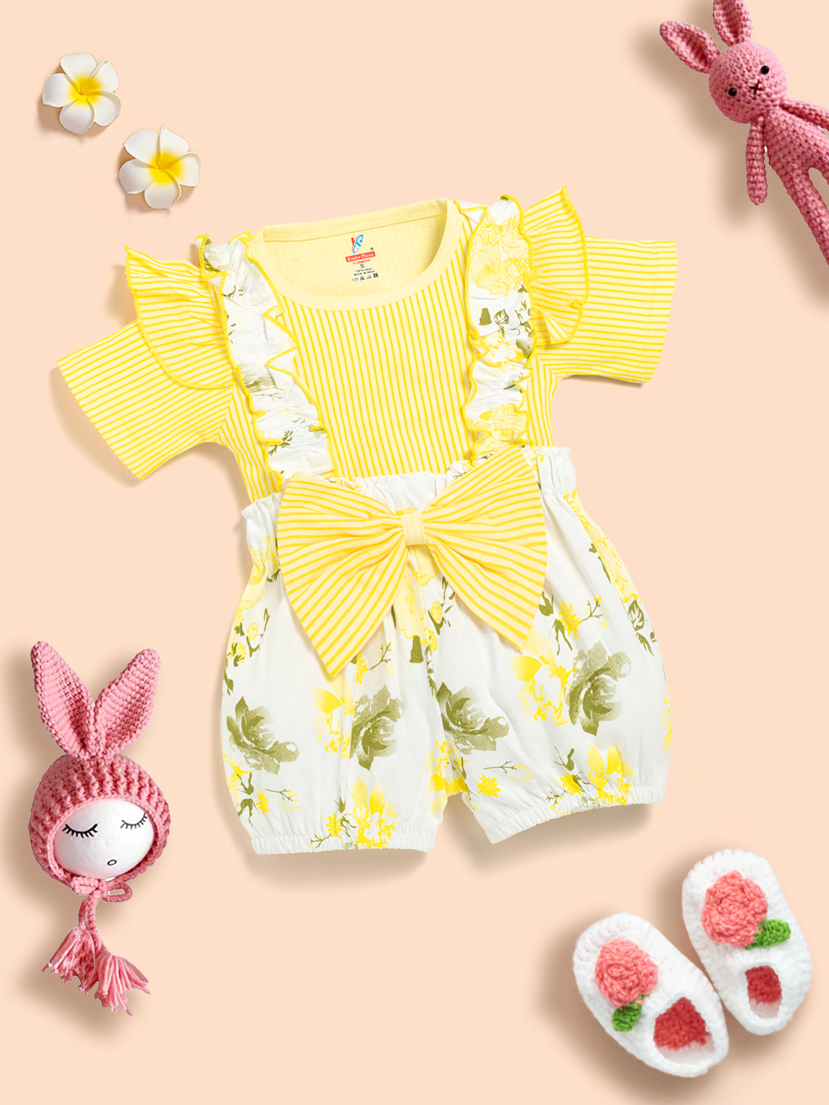 Baby Girl Solid Cotton Ribbed Ruffle Short-sleeve Romper and Floral Print Suspender Shorts Kinder Choice