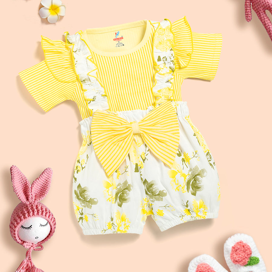 Baby Girl Solid Cotton Ribbed Ruffle Short-sleeve Romper and Floral Print Suspender Shorts Kinder Choice