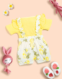 Baby Girl Solid Cotton Ribbed Ruffle Short-sleeve Romper and Floral Print Suspender Shorts Kinder Choice
