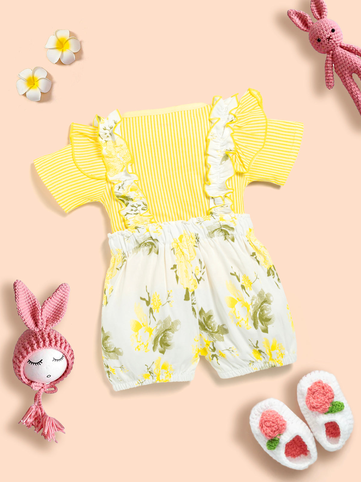 Baby Girl Solid Cotton Ribbed Ruffle Short-sleeve Romper and Floral Print Suspender Shorts Kinder Choice