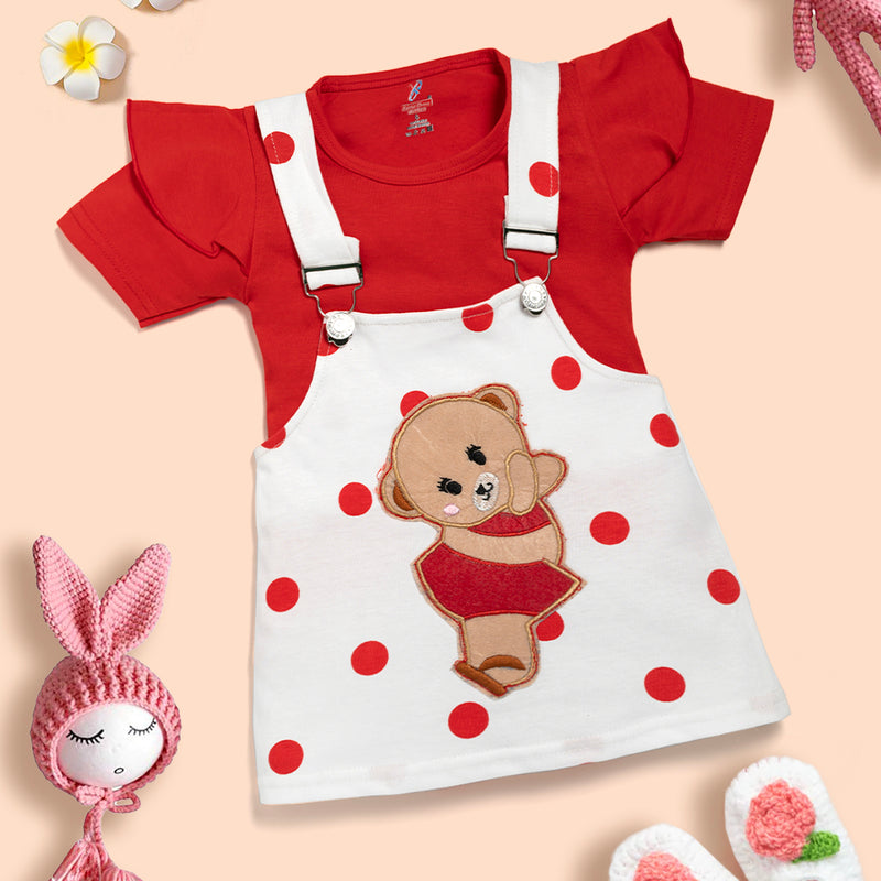 Baby Girl 100% Cotton Ruffle Trim Short-sleeve Romper and Bear Graphic Polka Dots Overall Dress Set Kinder Choice