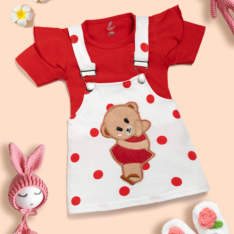 Baby Girl 100% Cotton Ruffle Trim Short-sleeve Romper and Bear Graphic Polka Dots Overall Dress Set Kinder Choice